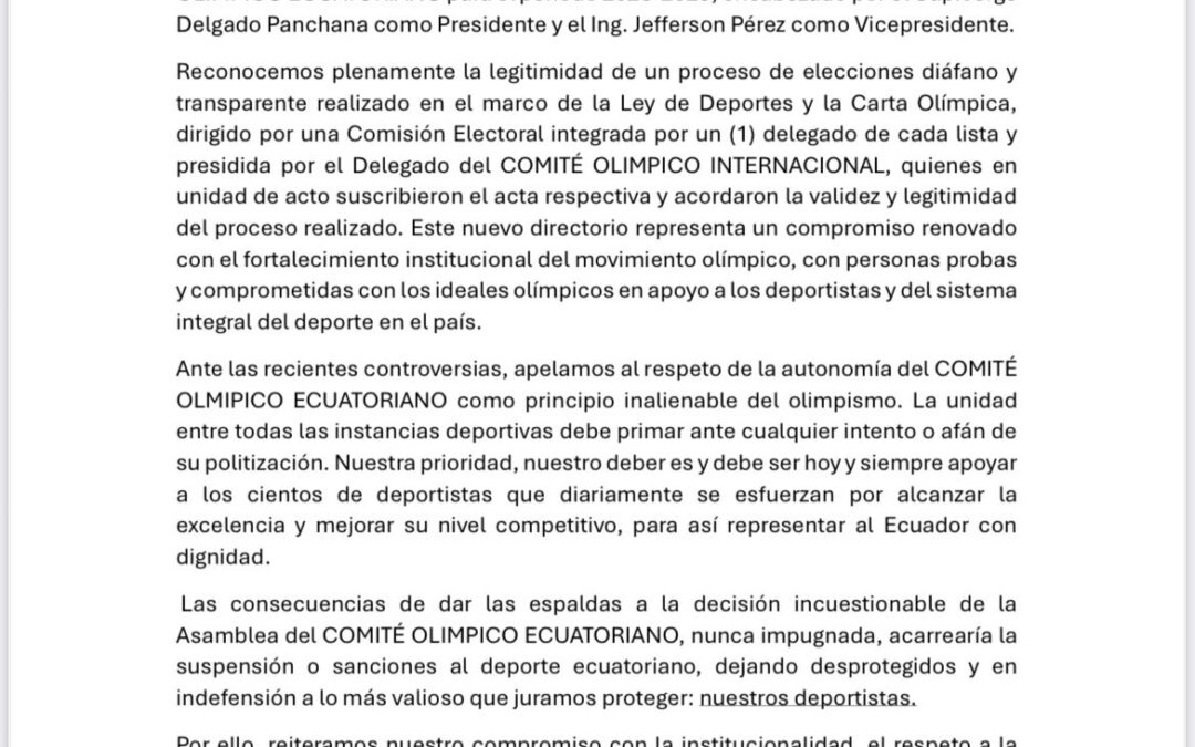 Carta abierta del deporte ecuatoriano. Respaldo al COE y defensa de la autonomía olímpica